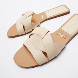 NWOT Zara Low Healed Cross Leather Sandals Slides